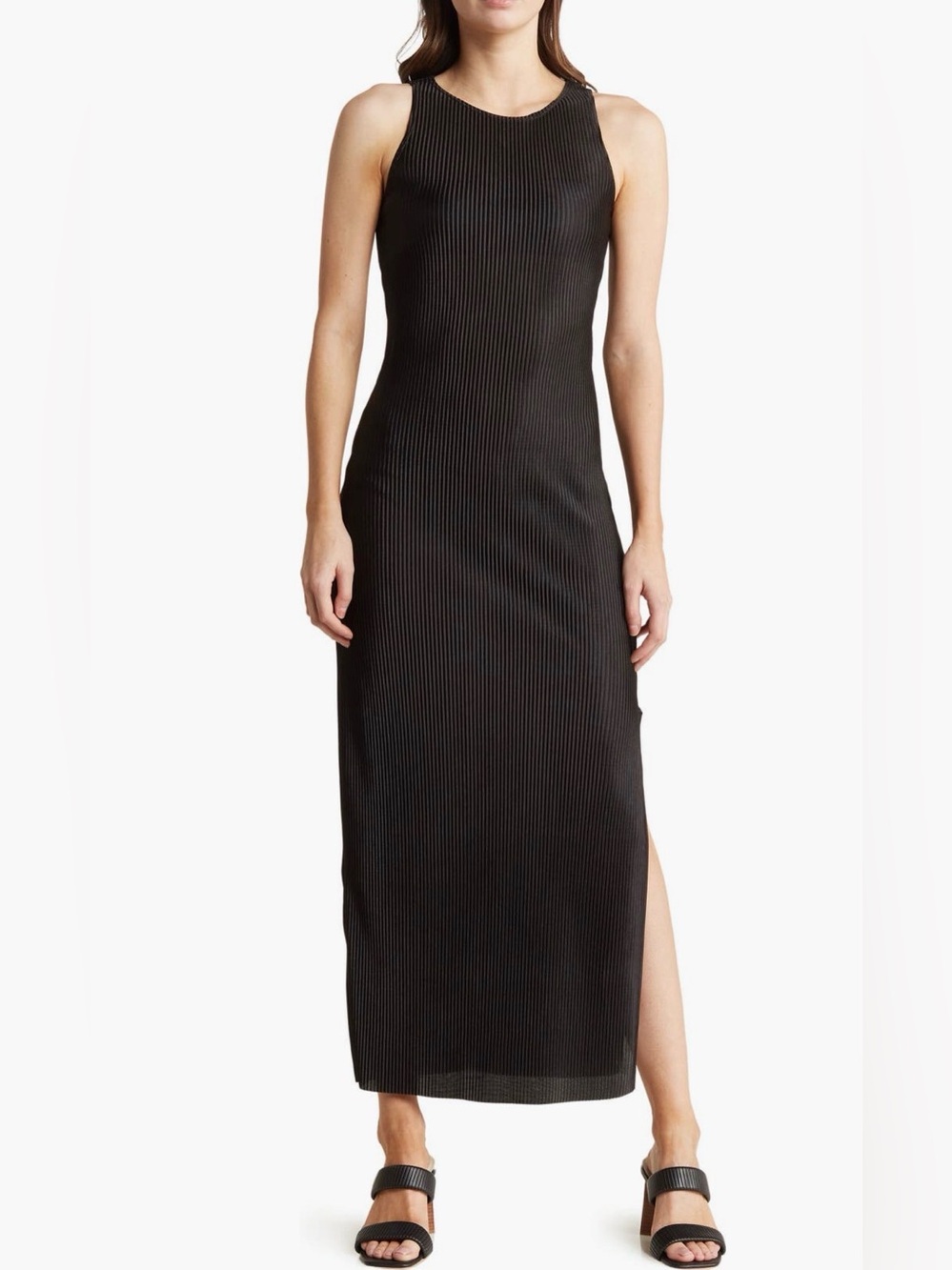 Sleek Black Sleeveless Pleated Maxi Dress with Side Slit